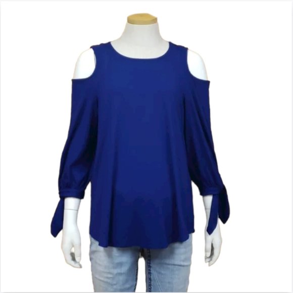 Adrianna Papell Cold Shoulder Top | Medium | Blue Tie Sleeve Tunic - Picture 1 of 8